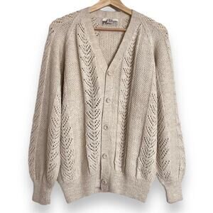 Hand Made 100% Alpaca Lace Knit Blousey Fit Cream V Neck Cardigan Women's S/M